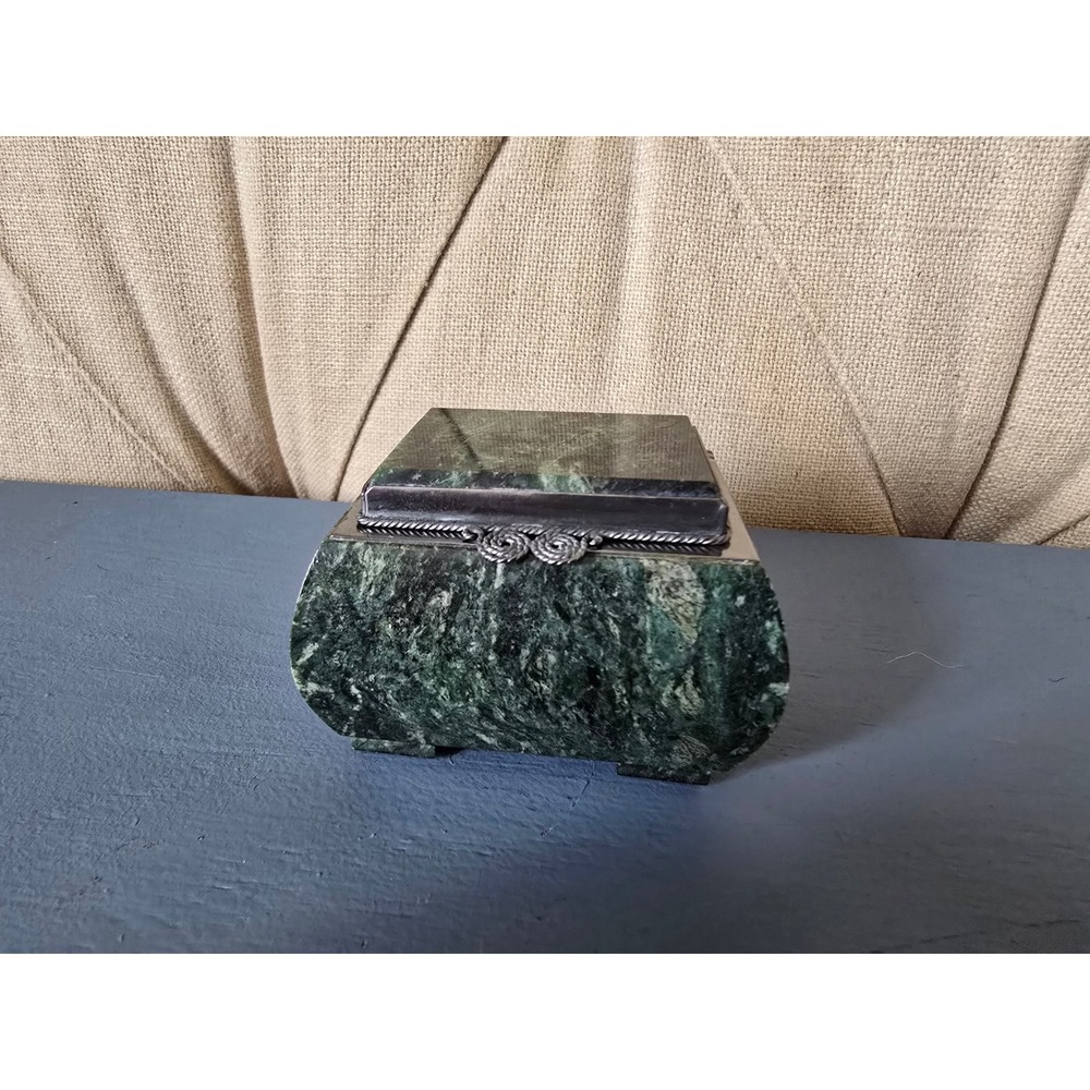 Vintage‎ Green Serpentine Stone Jewelry Box – Marble Trinket Casket w/ Metal Lid